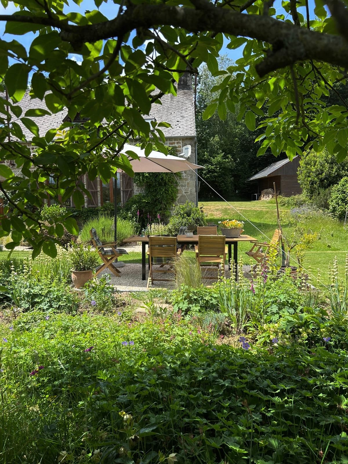 Table dressée sous les arbres d'un verger en Normandie